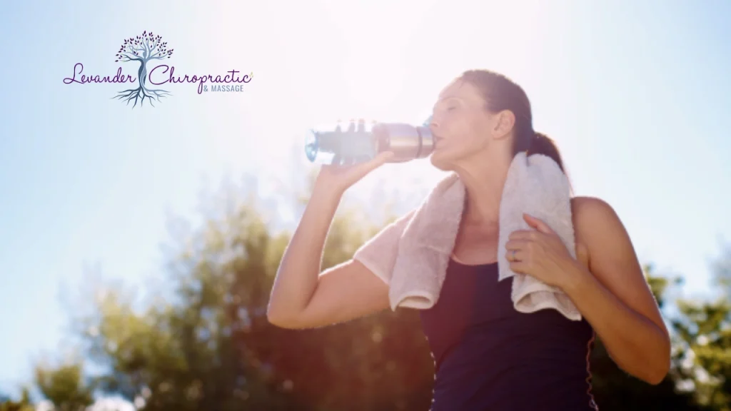 thirsty woman drinking a bottle of water with a towel around her neck while standing in the hot sun