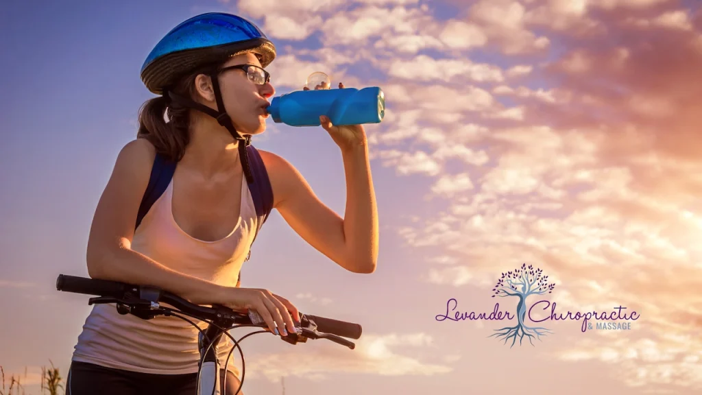 female bicyclist wearing a helmet and protective glasses drinking a bottle of water while holding her bike upright