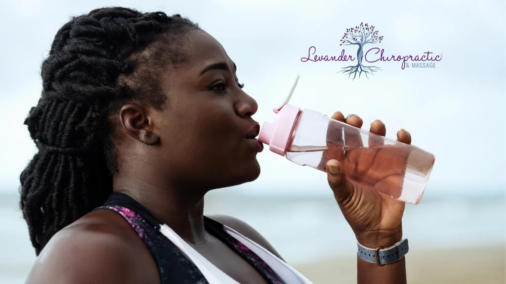 a woman wearing workout clothes taking a break from her outdoor exercise to enjoy a drink of water from her bottle
